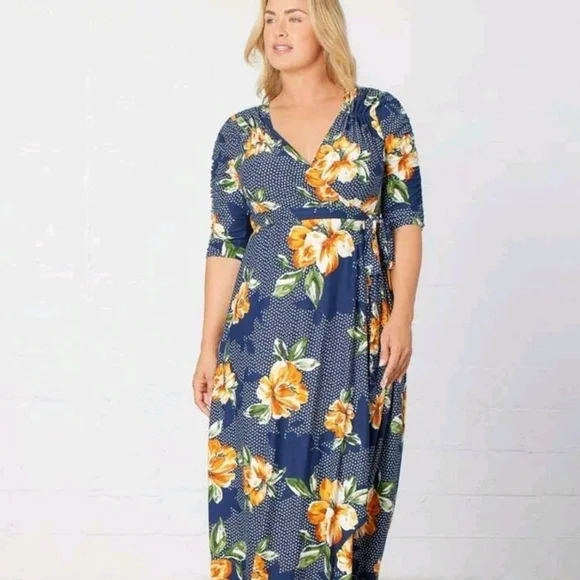 NWT Kiyonna Dress Meadow Dream Style Navy/Orange Floral 4x Maxi Wrap Dress Rare - Picture 2 of 7